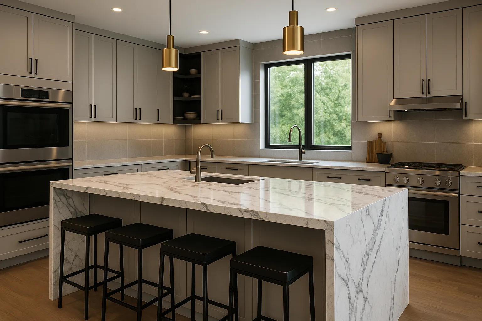 Cocina moderna con isla de mármol – Omah Studio